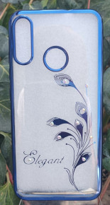 Луксозен силиконов гръб ТПУ Fashion ELEGANT пауново перо с 3D камъни за Motorola Moto E6 Plus син кант
